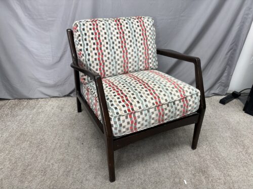 Vintage Mid-Century Modern Dark Wood Lounge Chair w/ Multicolored Checkered Cushion