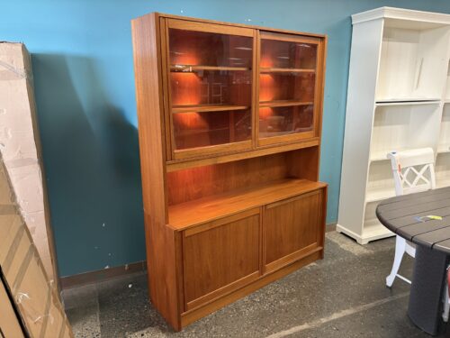 Vintage Danish Modern Teak Lighted Sliding Door Credenza w/ Display Shelves