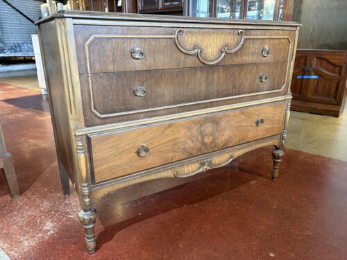 Antique Chest of Drawers with Burl Wood Veneer Panels and Classic Ornate Carvings