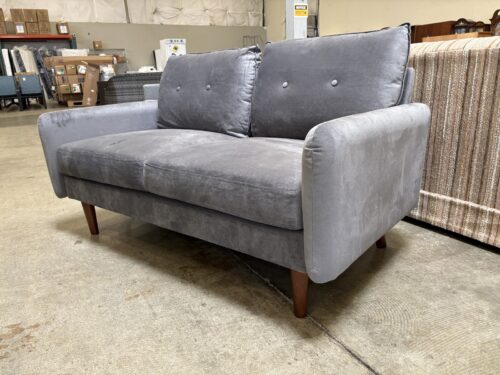Contemporary Grey Velvet Loveseat with Button Tufted Back Cushions and Modern Tapered Wooden Legs