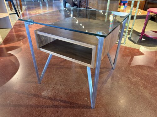 Walnut and Glass Modern End Table with Cubby