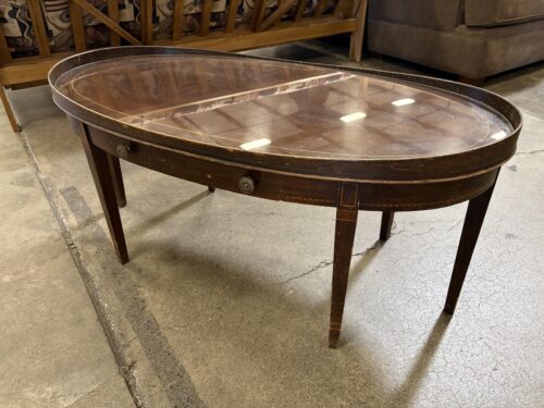 MERSMAN Vintage Mahogany Oval Coffee Table with Drawer and Inset Glass Top