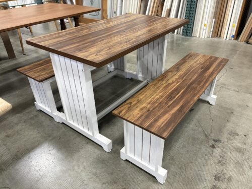 Modern Farmhouse Style Dining Set with Rustic Brown Wood Grain Top and Slatted Panel Base