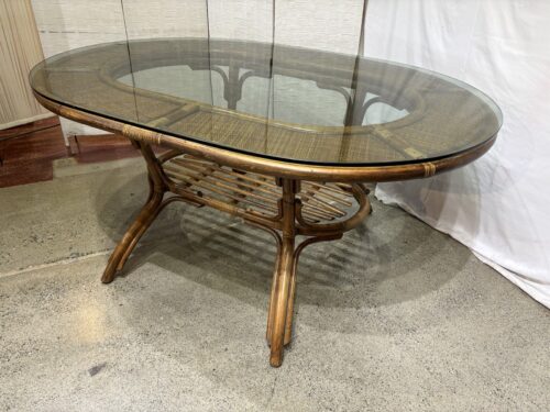 Vintage Oval Bamboo and Rattan Dining Table with Glass Top
