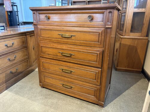 HUNTLEY QUALITY FURNITURE Vintage Wooden Tallboy Dresser with Brass Pulls