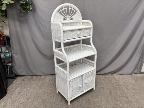 Vintage White Wicker 3-Shelf Bookcase w/ Lower Cabinet