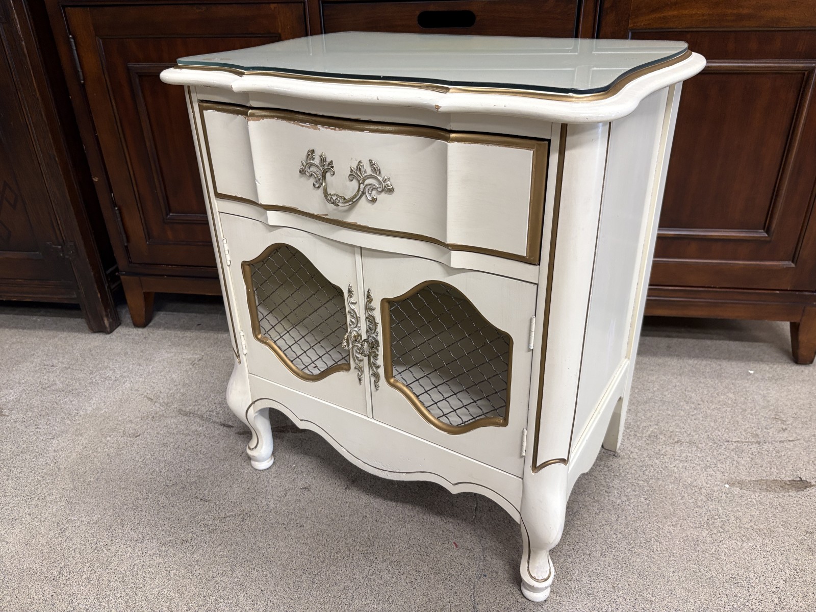 Vintage White French Provincial Single Drawer Nightstand w/ Lattice Door