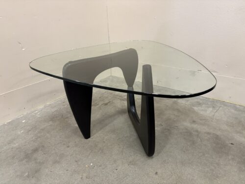 Contemporary Noguchi Style Glass Top Coffee Table with Black Interlocking Wooden Base