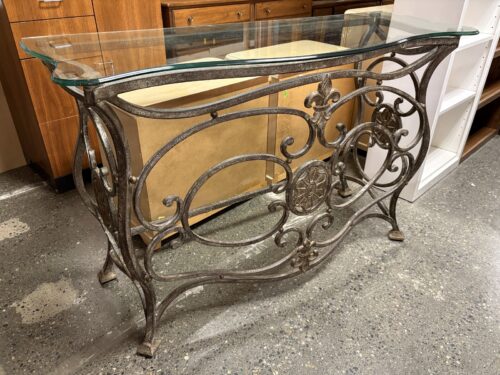 THOMASVILLE Grandview Ornate Distressed Metal Glass Top Sofa Table