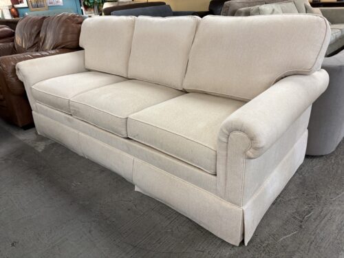 ETHAN ALLEN Ivory Rolled Arm 3-Cushion Skirted Sofa