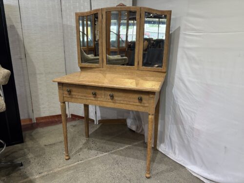 Antique Wooden Vanity with Matching Tri-Fold Mirror