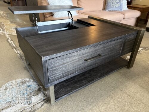 NEW! SIGNATURE DESIGN BY ASHLEY Forleeza Dark Gray Industrial Style Lift Top Cocktail Table with Painted Bronze Accents (Bellevue)