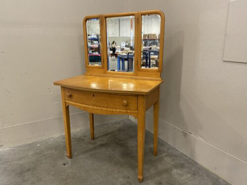 Vintage Maple Vanity with Attached Tri-Fold Mirror