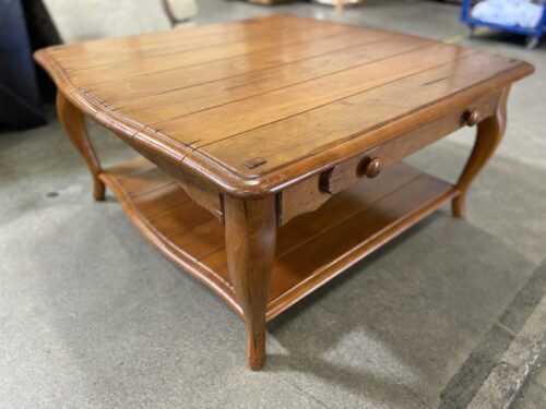 Large Square 2 Tier Warm Honey Finished Wooden Coffee Table with Drawer and Cabriole Style Legs