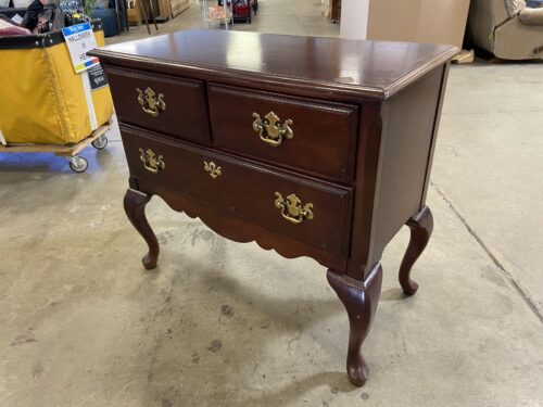 Vintage Queen Anne Style Dark Cherry Finished 3 Drawer Side Table with Ornate Swing Pulls