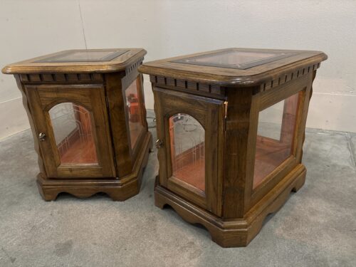 Vintage Wooden Illuminated End Table Cabinet with Decorative Glass Planels (Set of 2)