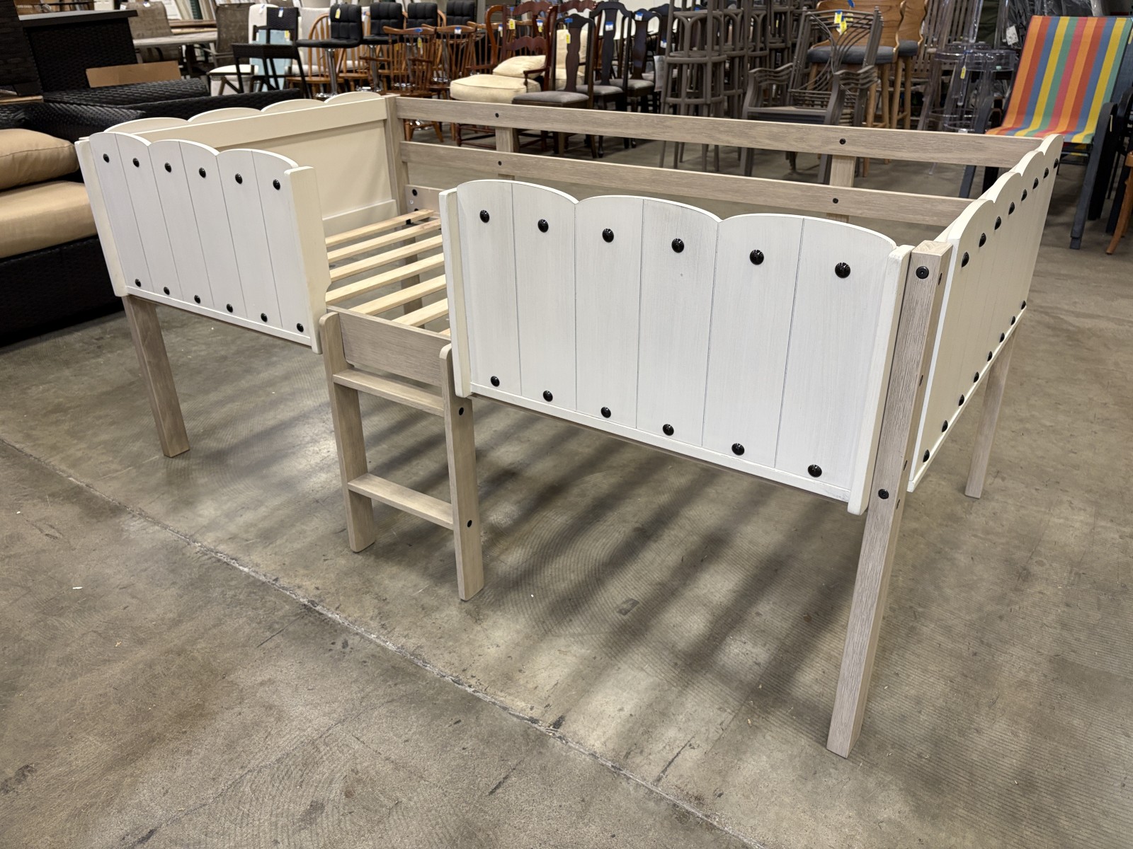 NEW! SIGNATURE DESIGN BY ASHLEY Wrenalyn White and Beige Modern Farmhouse Style Twin Size Loft Bed Frame with Protective Side Rails and Ladder (Southcenter)