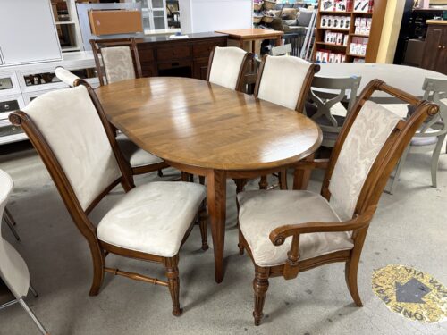 Honey Wood Extension Table w/ 6 Neoclassical Upholstered Chairs
