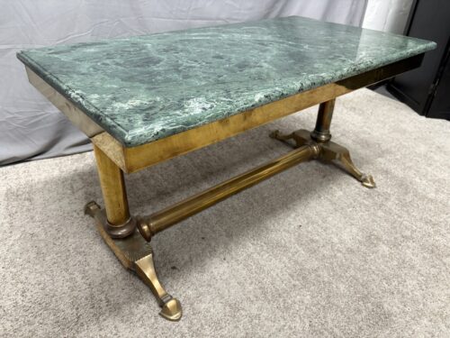 Vintage Hollywood Regency Style Green Marble Topped Brass Coffee Table