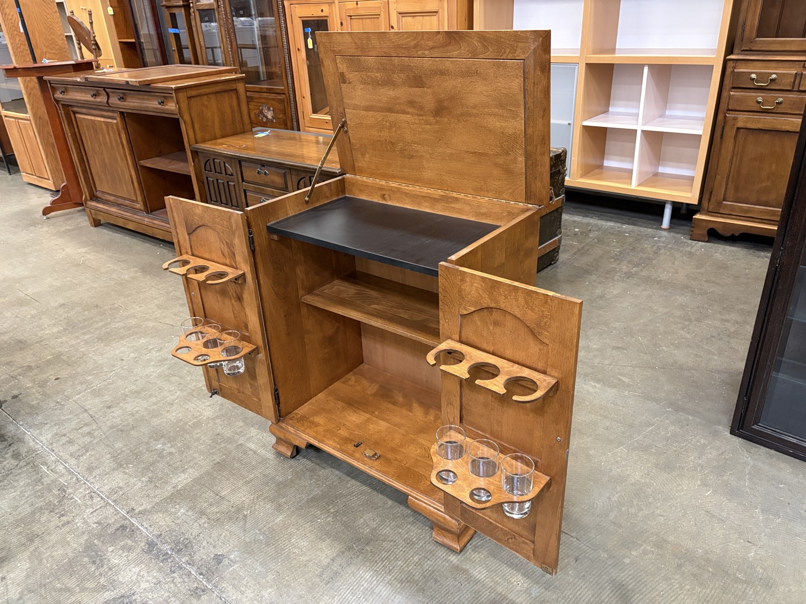 HARBOR HOUSE Vintage Maple Rolling Lift-Top Bar Cabinet with Integrated Glass Holders