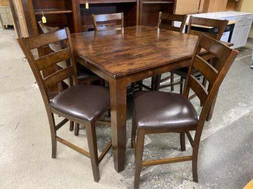 Rustic Solid Wood Counter Table w/ Hidden Leaf & 6 Ladderback Chairs