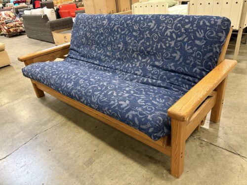 Convertible Wood Framed Sofa with Blue Floral Cushion
