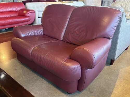 Round Arm Maroon Leather Loveseat