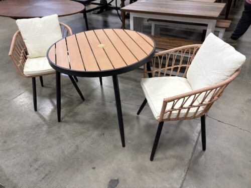 Round Outdoor Wood-Look Bistro Table with 2 Open-Weave Rattan Chairs (Set of 3)