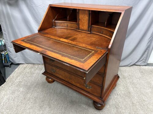 YORKSHIRE HOUSE Vintage Georgian Style Burlwood Secretary Desk w/ Leather Inlay