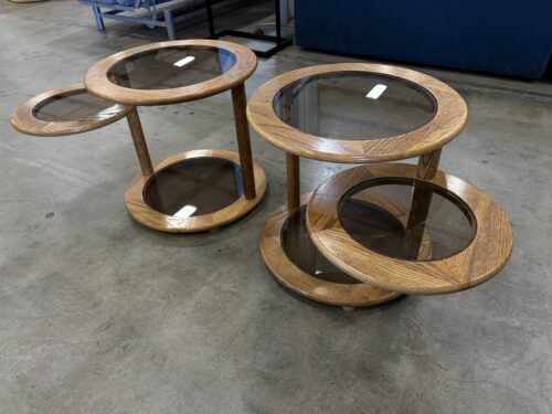 Vintage Postmodern Oak and Smoked Glass Swiveling Side Table (Set of 2)