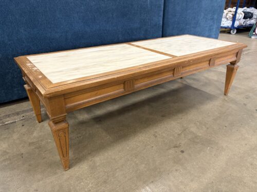 Vintage Provincial Style Wooden Coffee Table with Dual Inset Marble Top Panels and Tapered Legs