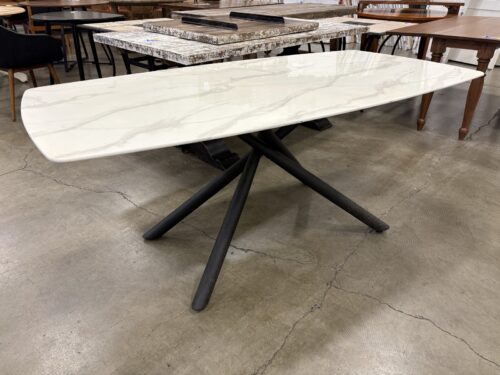Modern White Marble Printed Tempered Glass Top Table with Intersecting Black Metal Legs