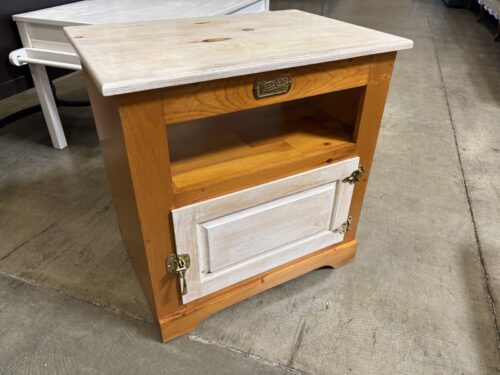 WHITE CLAD Vintage Oak Ice Box Style End Table with Lower Cabinet and Brass Toned Hardware