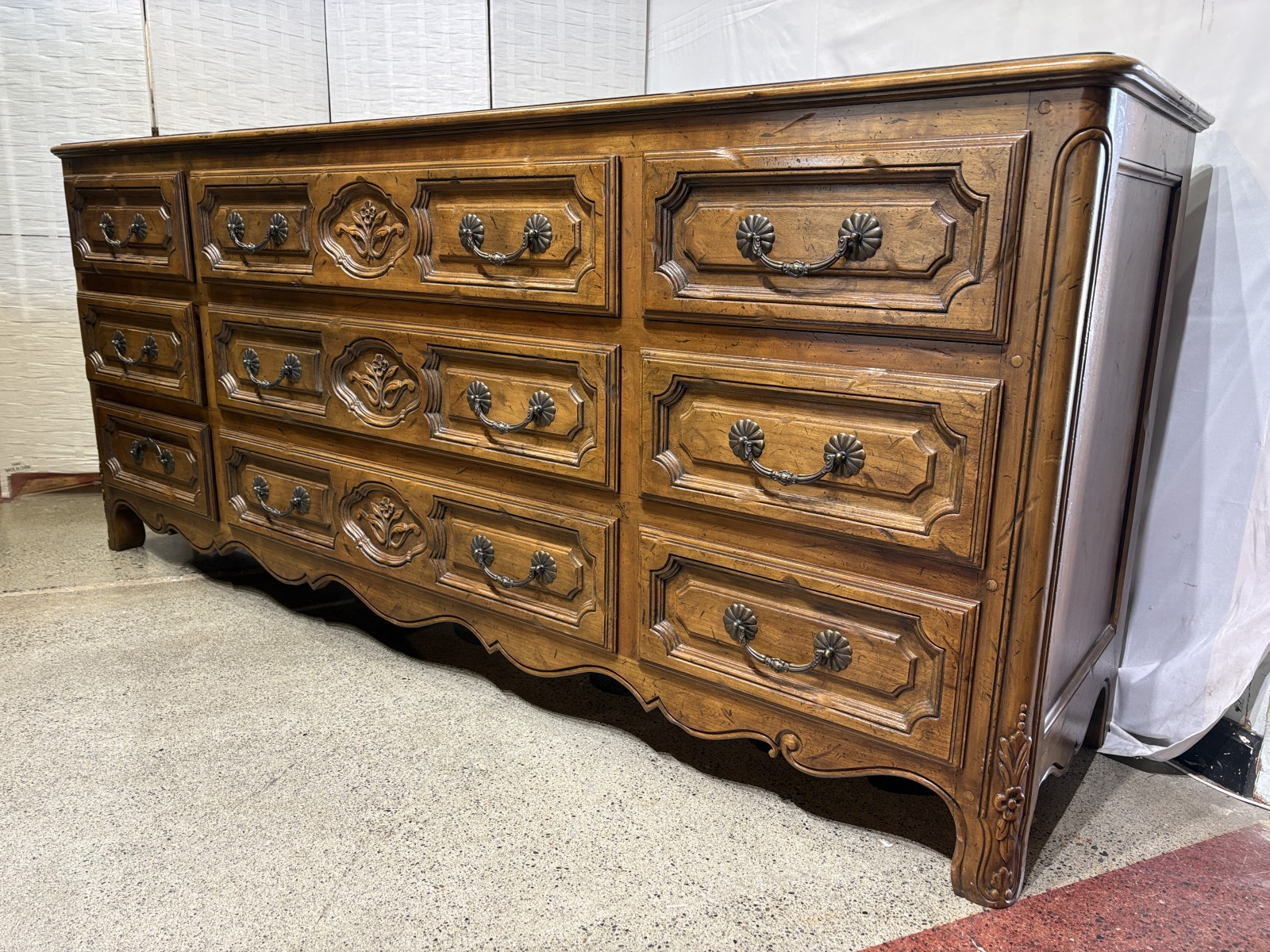 BAKER Country French Carved Oak Nine Drawer Dresser