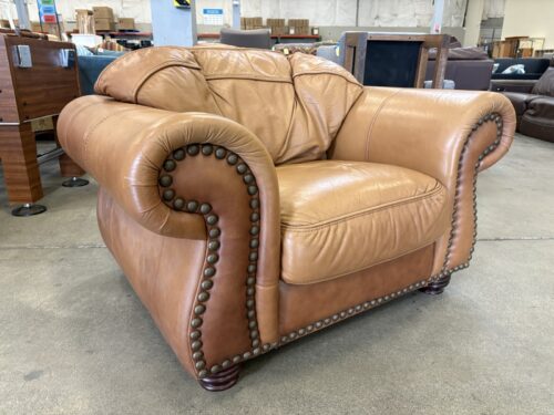 Vintage Caramel Leather Plush Accent Chair with Nailhead Trim