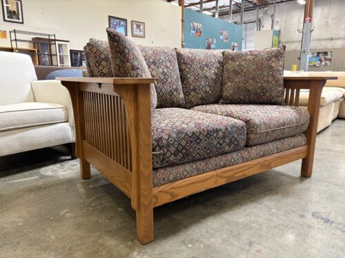 BASSETT Vintage Mission Style Loveseat with Geometric Southwestern Style Upholstery