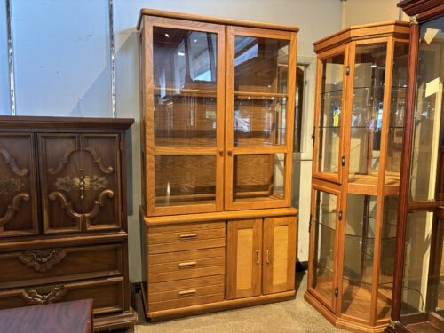 Organic Modern Style Two Piece Hutch with Rattan Doors