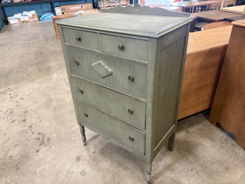 Vintage Wooden Highboy 5 Drawer Dresser in Distressed Olive Green Wash with Turned Legs on Casters