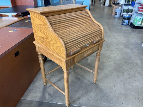 Vintage Oak Roll Top Secretary Desk Featuring Slatted Tambour Front and Various Organizational Compartments