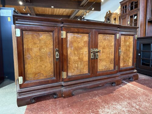 Chinoiserie Wood Credenza With Brass Hardware and Burl Doors