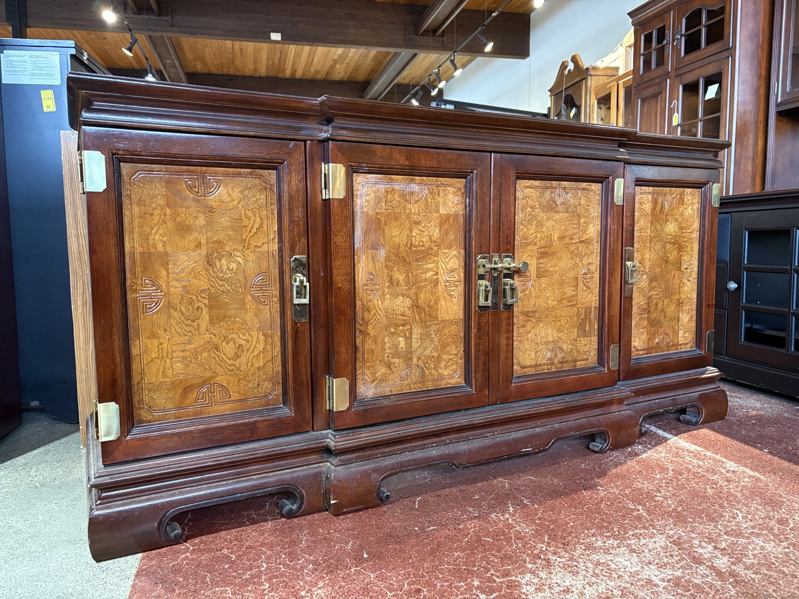 Chinoiserie Wood Credenza With Brass Hardware and Burl Doors