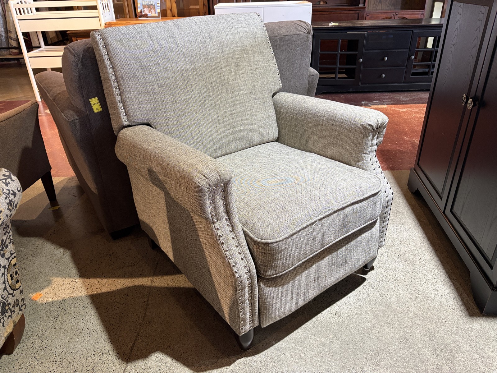 Grey Tweed Manual Push Back Recliner with Nailhead Detail