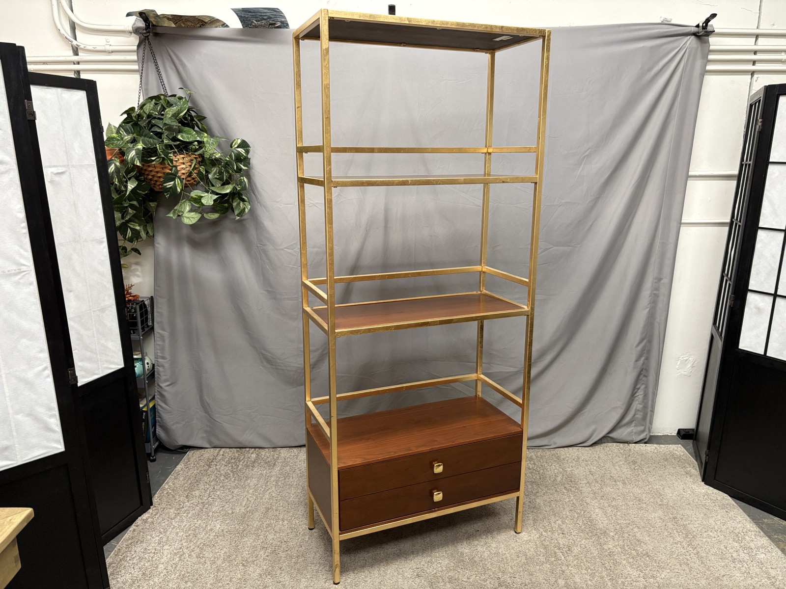 SAFAVIEH Mateo 4 Tier Gold & Walnut Single Drawer Etagere