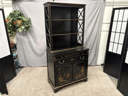 Vintage Black Chinoiserie China Hutch w/ Pull Out Tray