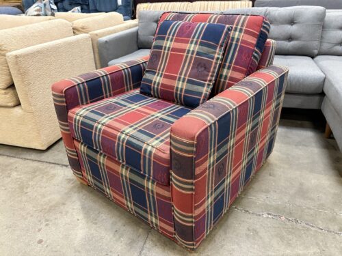 Vintage Upholstered Accent Chair with Classic Red and Blue Plaid Fabric