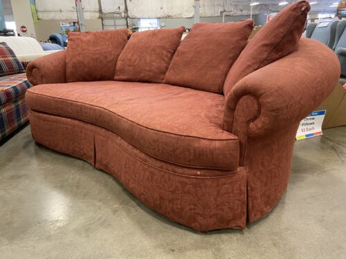 Vintage Curved Conversatoin Sofa Featuring Skirted Base and Textured Red Woven Damask Upholstery and Down Filled Cushions
