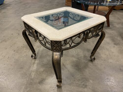 Ornate Vintage Accent Table with Marble Frame and Glass Inset Top Featuring Wrought Iron Scrollwork Base