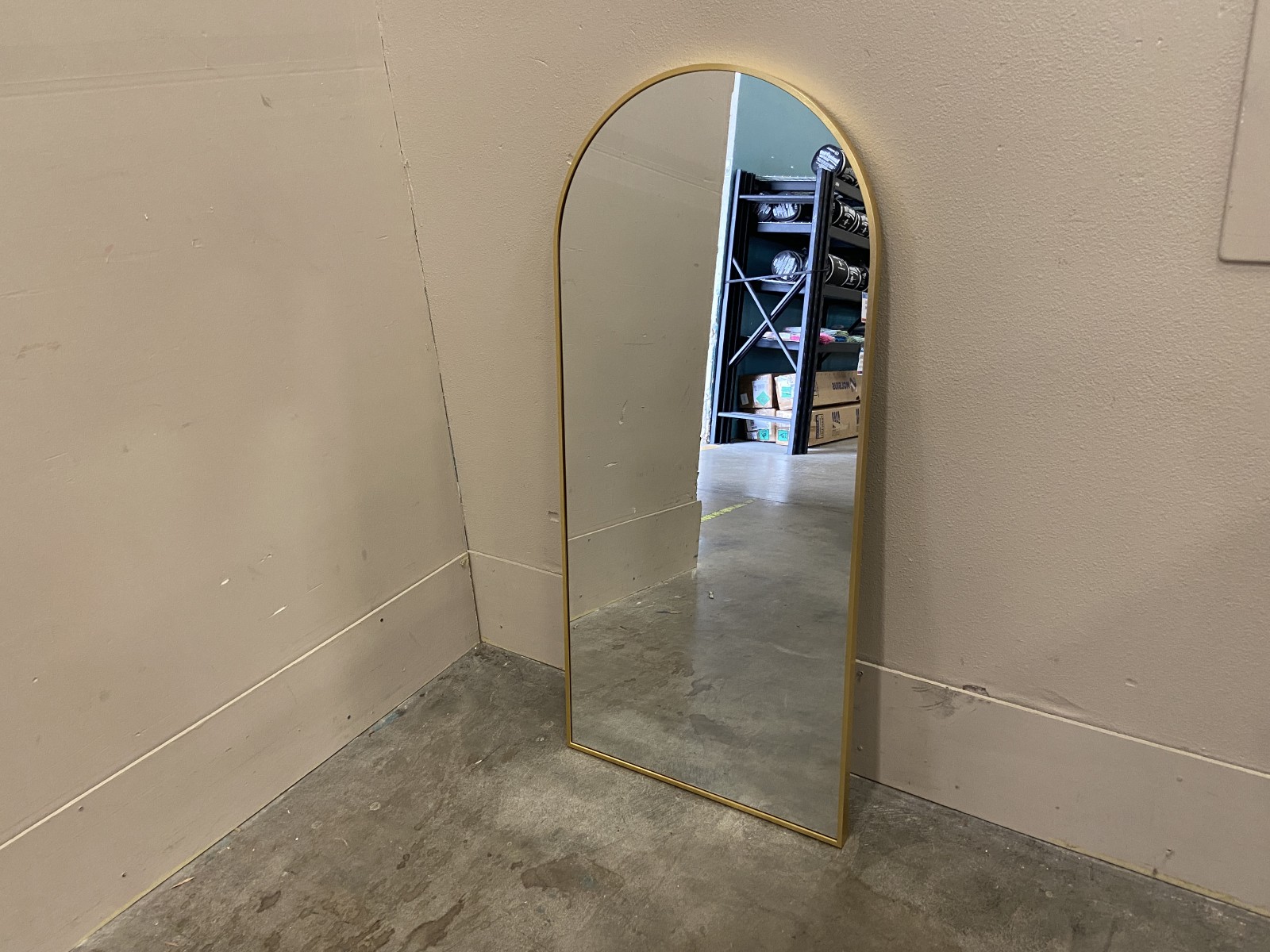 Arched Half Length Mirror with Gold-Toned Metal Frame