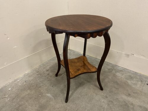Vintage Round Wooden 2 Tier Parlor Table Featuring a Scalloped Apron and Curved Cabriole Legs