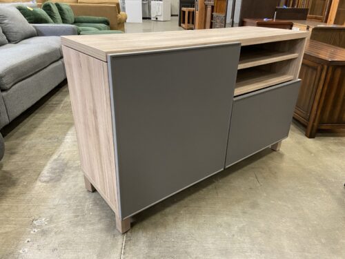 Contemporary Media Cabinet with Light Wood Grain Style Frame and Grey Doors